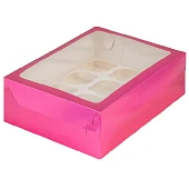 картинка Упаковка с прямоугольным окошком на 12 капкейков - Фуксия, 320x235x100мм. 