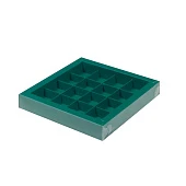 картинка Упаковка для 16 конфет с пластиковой крышкой, зеленая матовая, 200*200*30мм. 