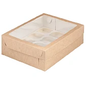 картинка Упаковка с прямоугольным окошком на 12 капкейков - Крафт, 320x235x100мм. 
