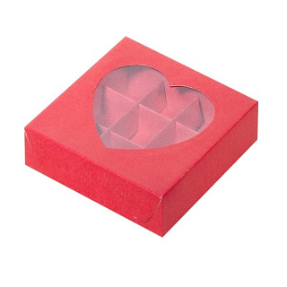 картинка Упаковка на 9 конфет с окошком сердце - красная матовая, 155x155x30мм. 