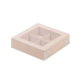 картинка Упаковка для 4 конфет с пластиковой крышкой - Крафт, 120х120х30 мм 