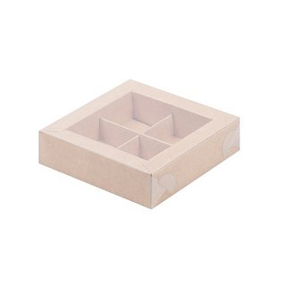 картинка Упаковка для 4 конфет с пластиковой крышкой - Крафт, 120х120х30 мм 
