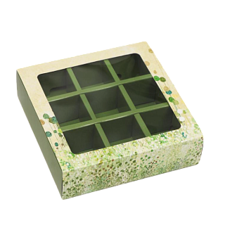 картинка Коробка для 9-ти конфет "Зелень", 14,5*14,5*3,5см. 