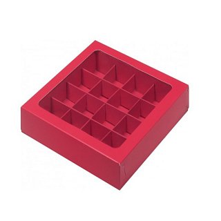 картинка Упаковка на 16 конфет с вклеенным окном - красная матовая, 200x200x30мм. 