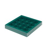 картинка Упаковка для 16 конфет с пластиковой крышкой, зеленая матовая, 200*200*30мм. 