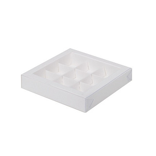 картинка Упаковка для 9 конфет с пластиковой крышкой - Белая, 155х155х30 мм 