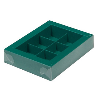 картинка Упаковка для 6 конфет с пластиковой крышкой - Зеленая матовая, 155х115х30 мм 