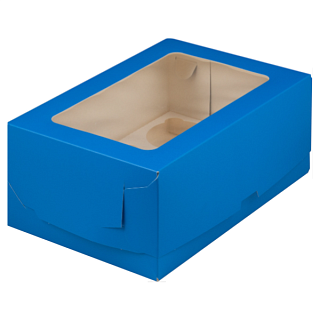 картинка Коробка c окном на 6 капкейков - Синяя матовая, 235х160h100мм. 